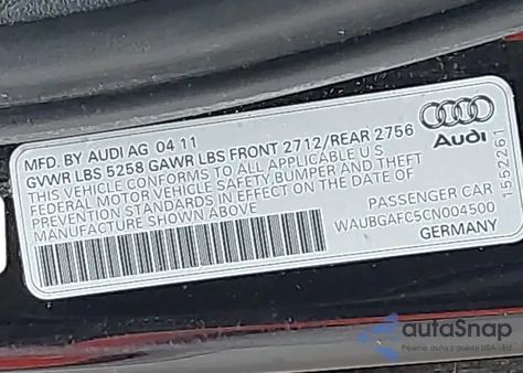 2012 Audi A6 3.0 Premium z USA, uszkodzony, nr VIN WAUBGAFC5CN004500